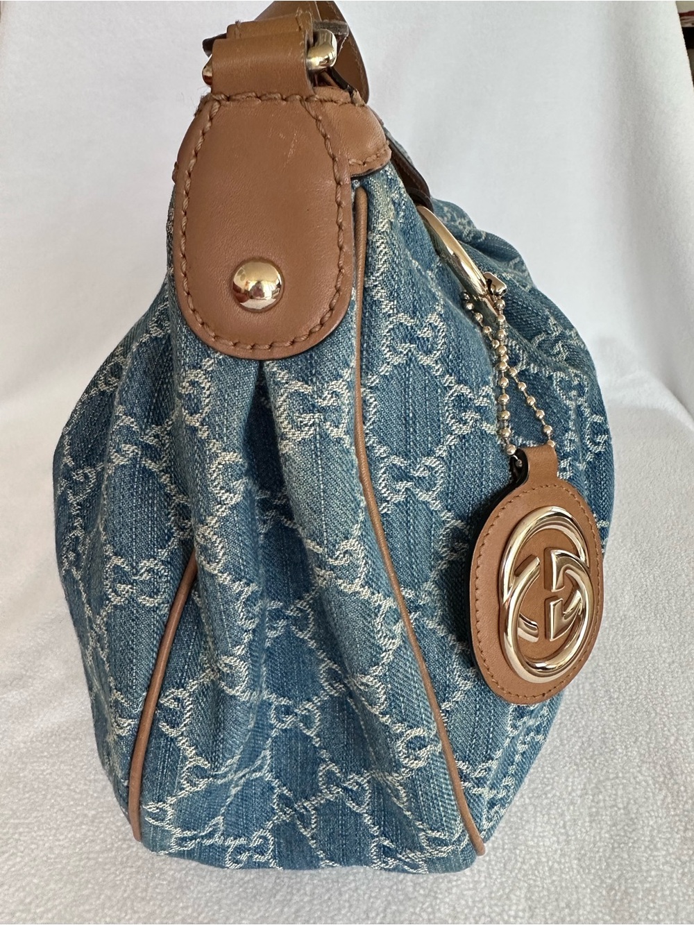 Gucci Blue Denim Monogram Shoulder Bag with Brown Leather Trim - Picture 5 of 9